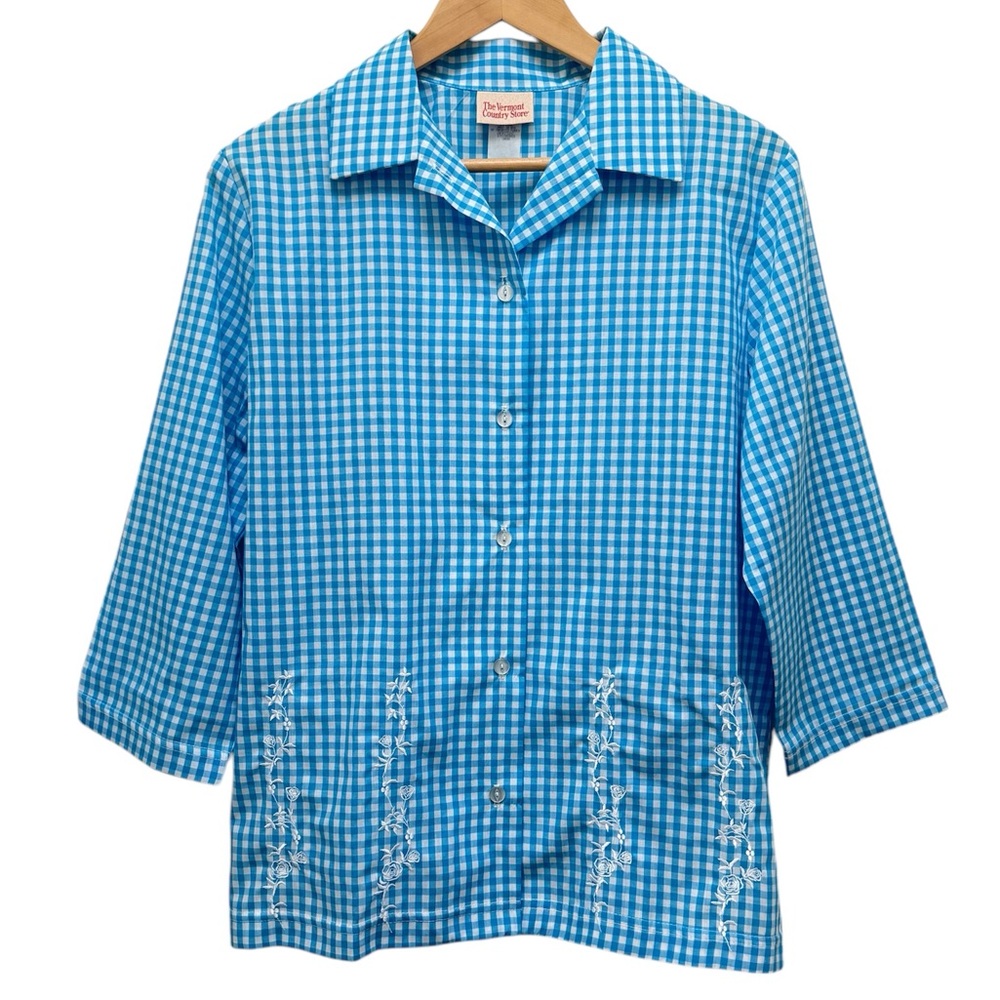 The Vermont Country Store Gingham Button Up Shirt with Embroidery Size L